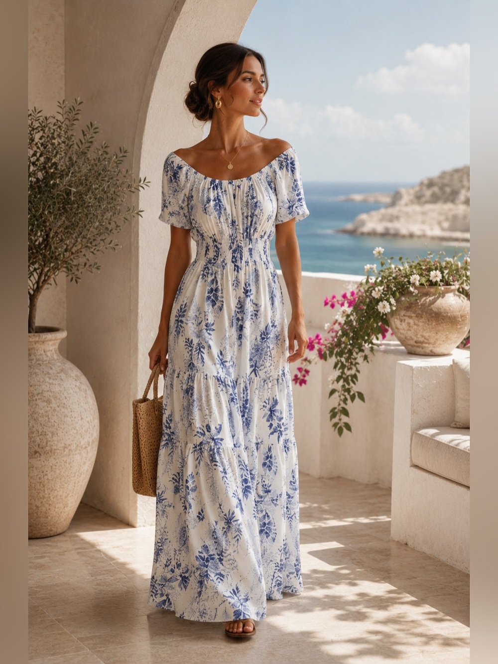 Jodifl Blue White Floral Maxi Dress Off Shoulder Puff Sleeve Resort Vacation L